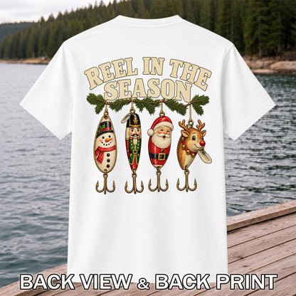 Reel in the Season Christmas Fishing Lures Graphic T-Shirt | Back Print