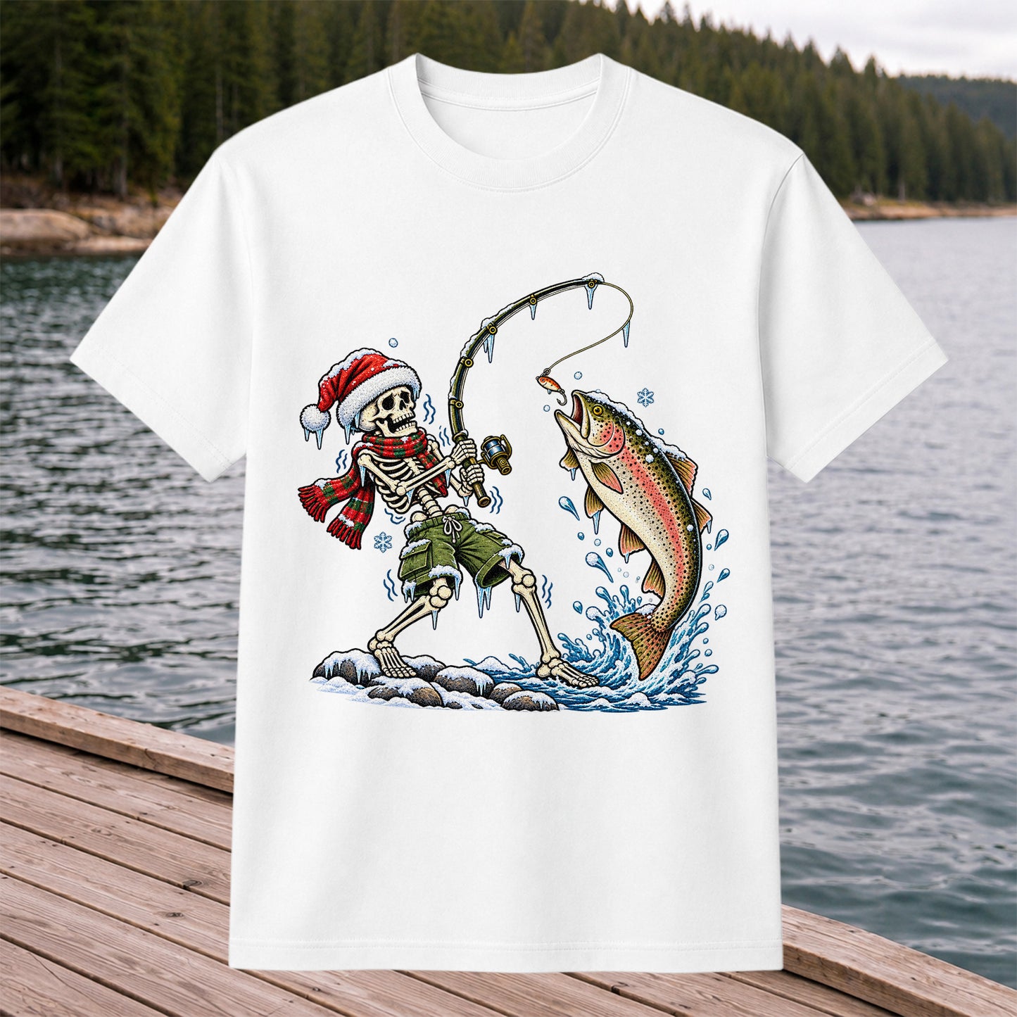 Christmas Skeleton Angler Catching a Rainbow Trout Fishing T-Shirt