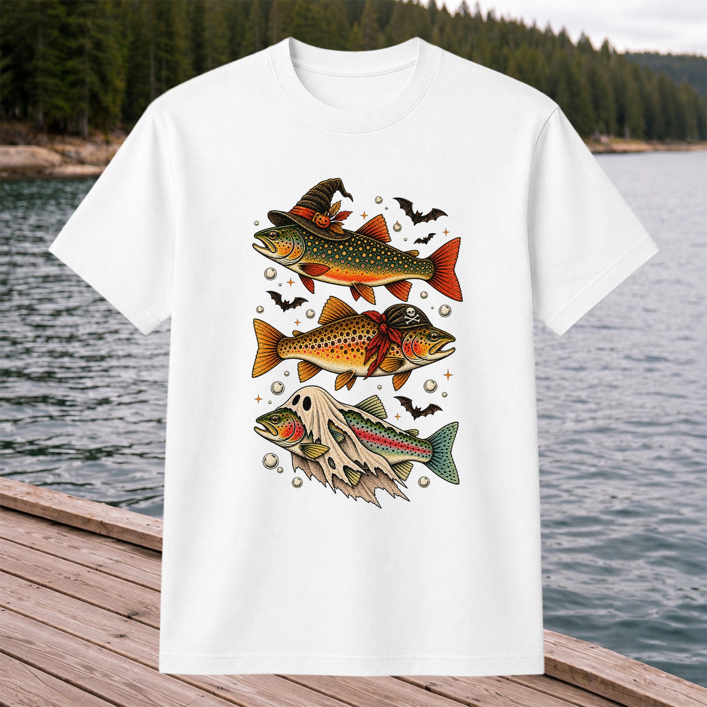 Halloween Trout Trio Witch Pirate and Ghost Fishing T-Shirt