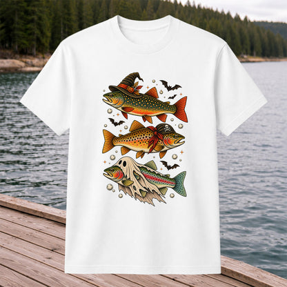 Halloween Trout Trio Witch Pirate and Ghost Fishing T-Shirt