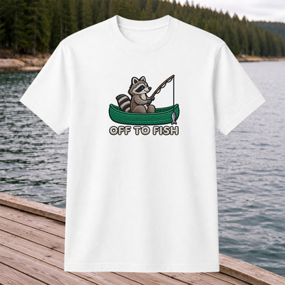 Off to Fish Raccoon in a Canoe Funny Fishing Graphic T-Shirt