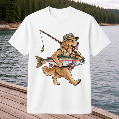 Golden Retriever Holding Rainbow Trout Fishing Graphic T-Shirt