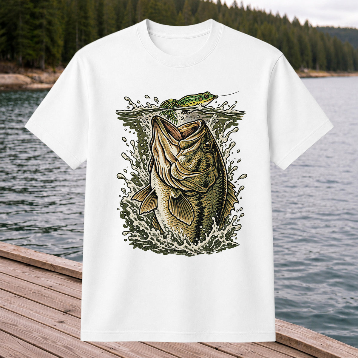 Largemouth Bass Striking a Frog Lure Fishing Graphic T-Shirt