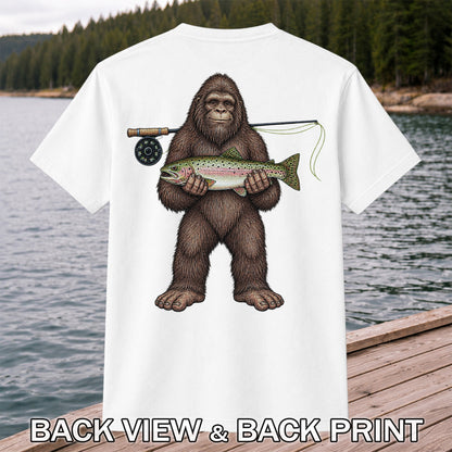 Bigfoot Holding Rainbow Trout Fly Fishing Graphic T-Shirt | Back Print