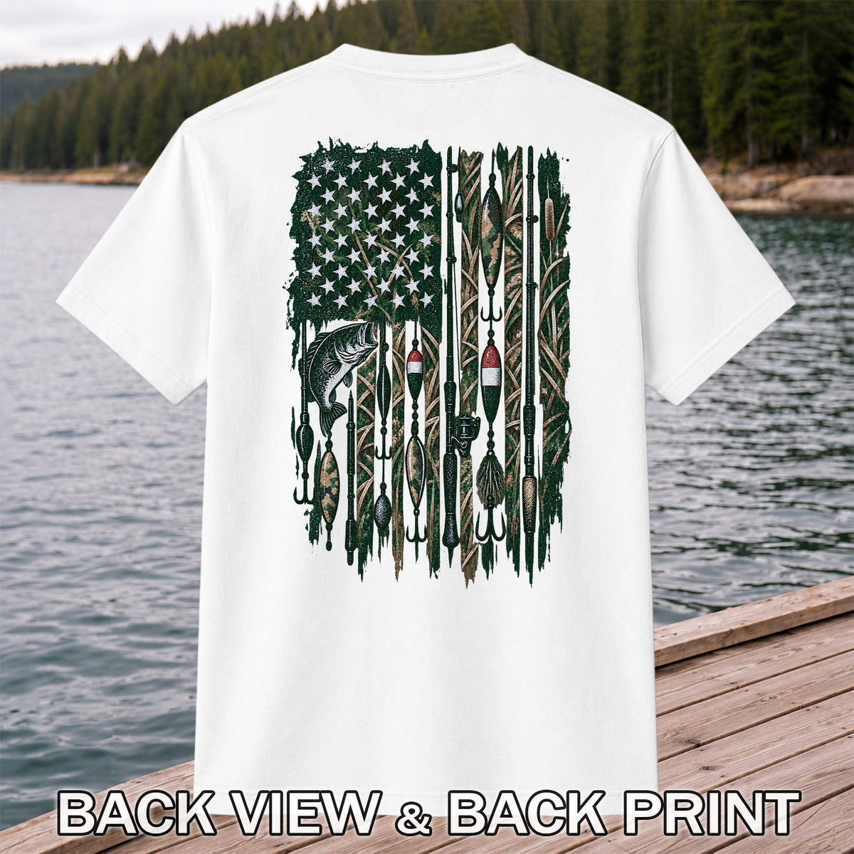 American Flag Bass Fishing Rods and Lures Graphic T-Shirt | Back Print