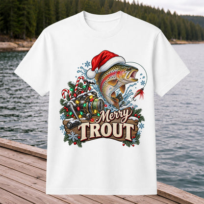 Merry Trout Christmas Rainbow Trout and Fishing Reel T-Shirt