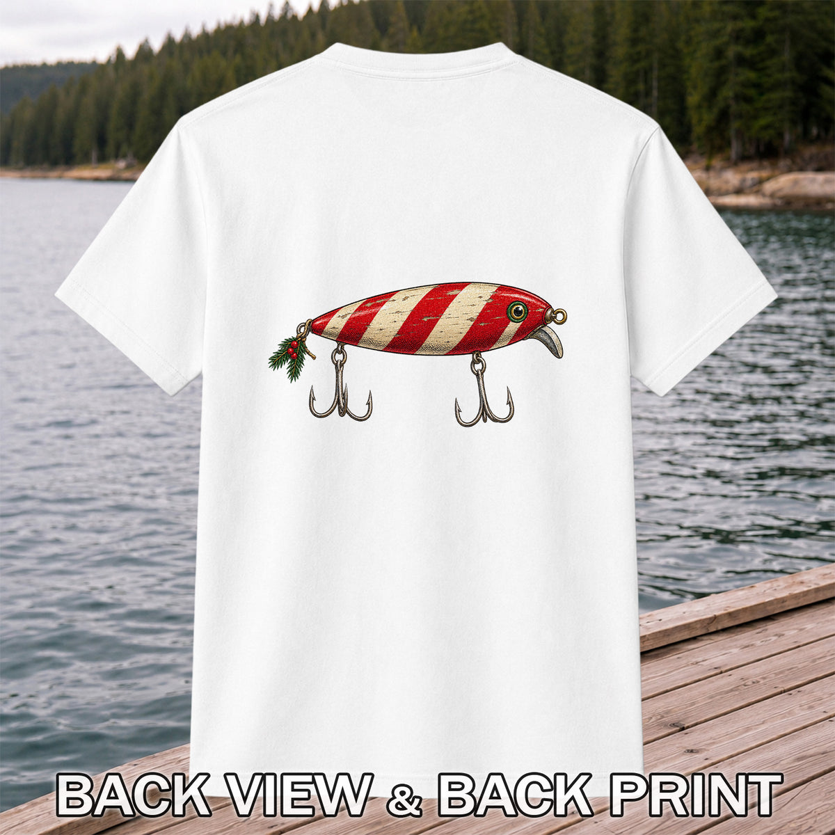Vintage Red and Cream Fishing Lure Graphic T-Shirt | Back Print