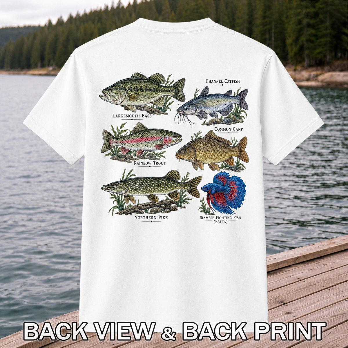 Bass Trout Catfish Carp Pike and Betta Freshwater Fish Graphic T-Shirt | Back Print
