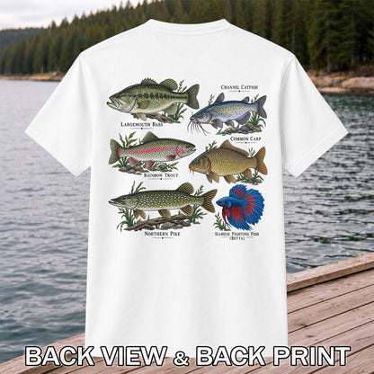 Bass Trout Catfish Carp Pike and Betta Freshwater Fish Graphic T-Shirt | Back Print