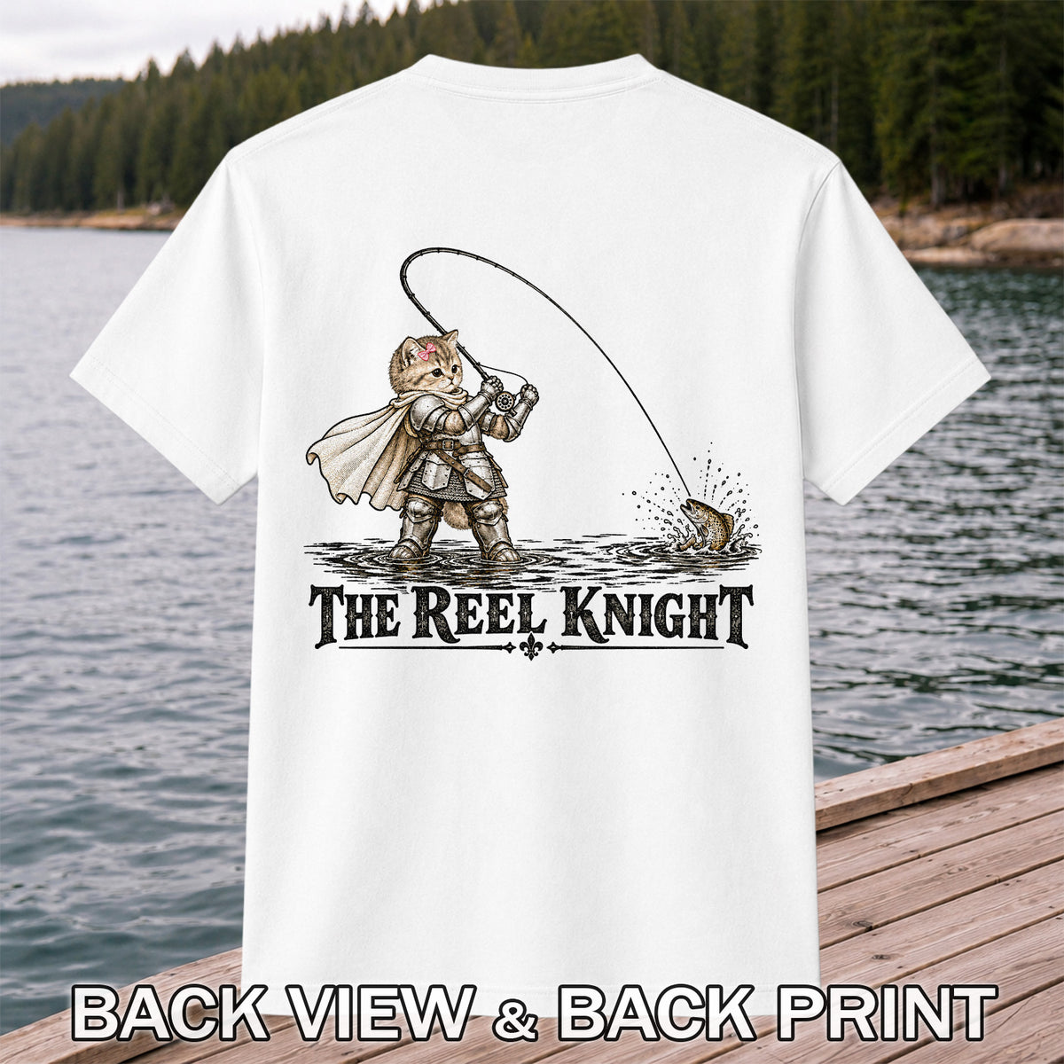 The Reel Knight Cat in Armor Funny Fishing Graphic T-Shirt | Back Print