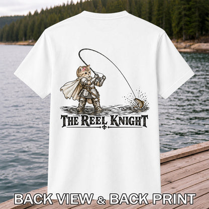 The Reel Knight Cat in Armor Funny Fishing Graphic T-Shirt | Back Print
