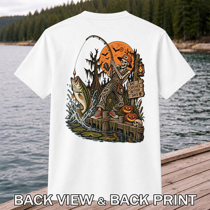Bad Catches Better Days Skeleton and Bass Halloween Fishing T-Shirt | Back Print