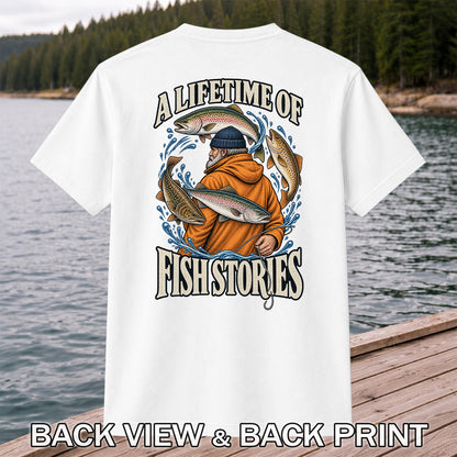 A Lifetime of Fish Stories Angler and Trout Fishing Graphic T-Shirt | Back Print