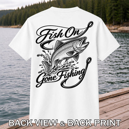 Fish On Gone Fishing Jumping Trout Graphic T-Shirt | Back Print