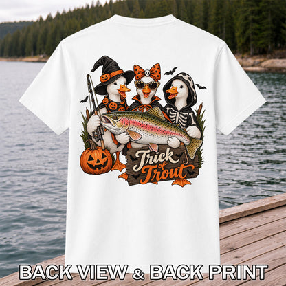 Trick of Trout Halloween Ducks with Rainbow Trout Fishing T-Shirt | Back Print