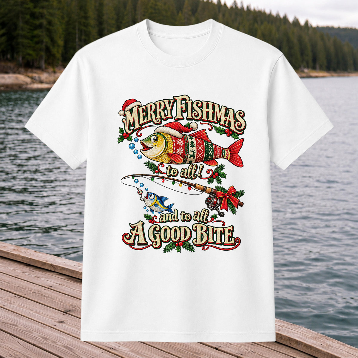 Merry Fishmas to All and to All a Good Bite Christmas Fishing T-Shirt
