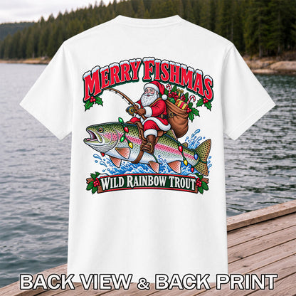 Merry Fishmas Santa Riding a Wild Rainbow Trout Christmas Fishing T-Shirt | Back Print