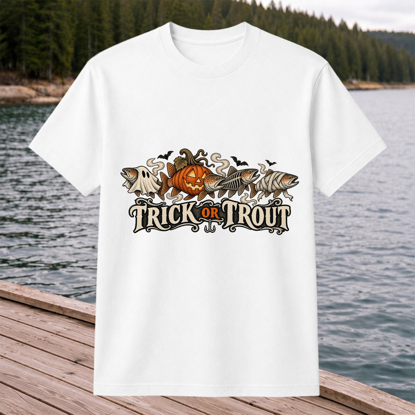 Trick or Trout Halloween Fish Lineup Fishing T-Shirt