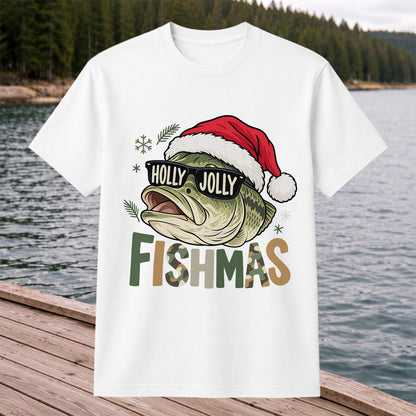 Bass Wearing Santa Hat and Holiday Glasses Fishing Graphic T-Shirt