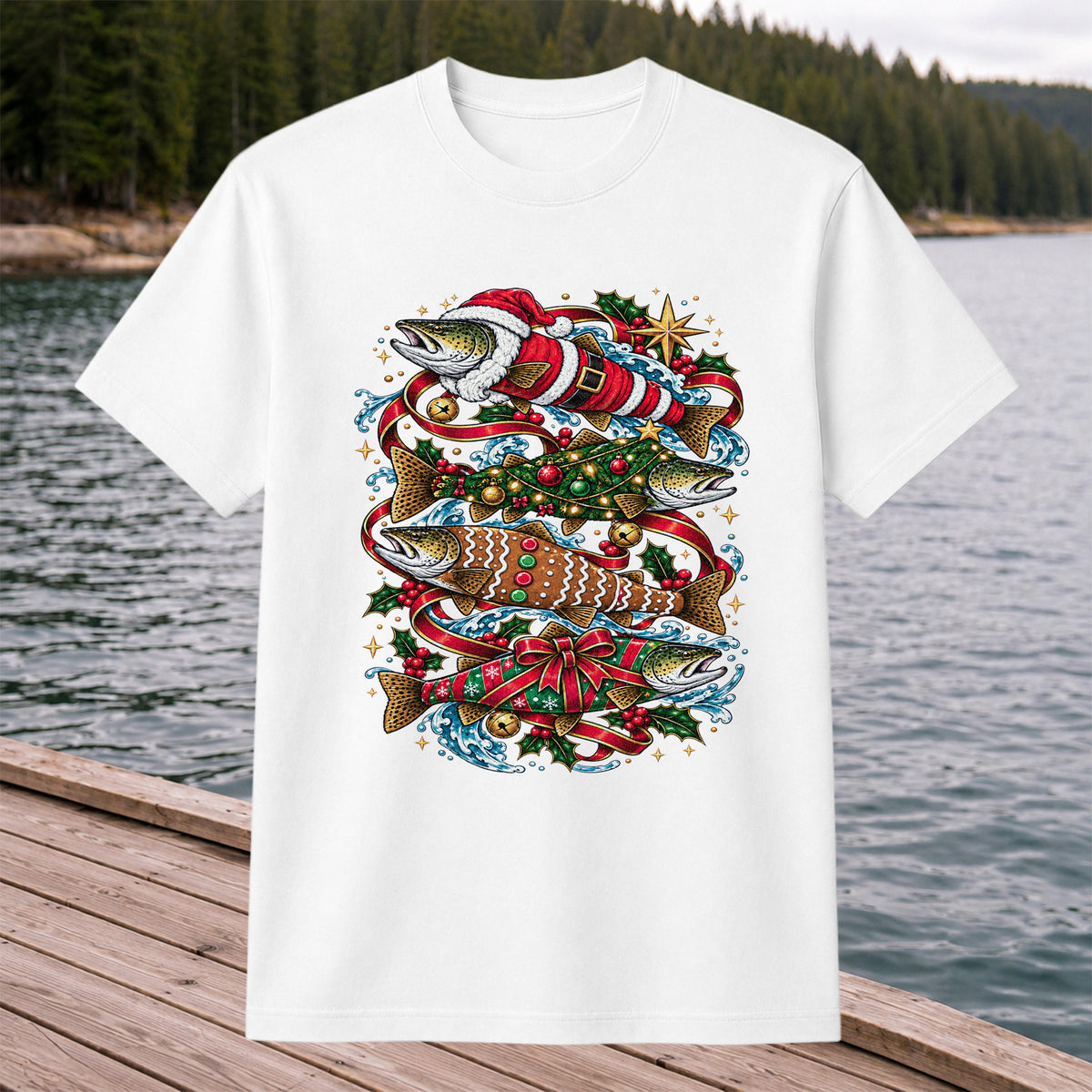 Santa and Gingerbread Trout Christmas Fishing Graphic T-Shirt