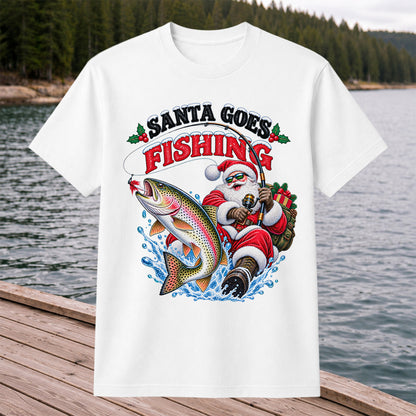 Santa Goes Fishing Rainbow Trout Christmas Graphic T-Shirt