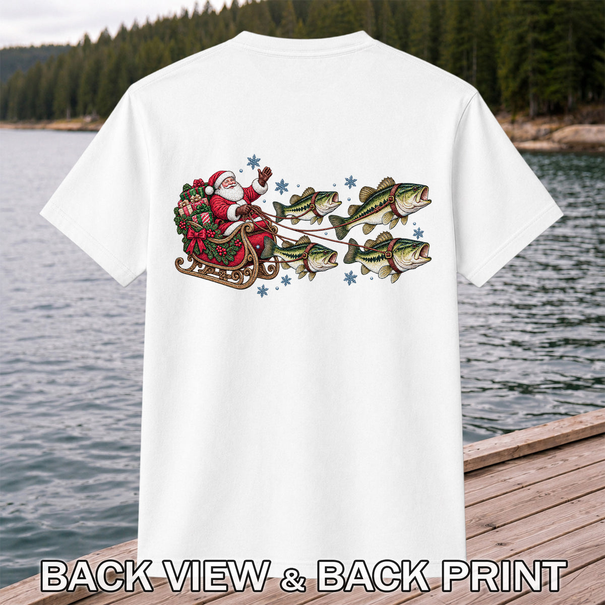 Santa in a Sleigh Pulled by Bass Christmas Fishing Graphic T-Shirt | Back Print