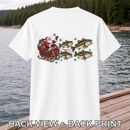 Santa in a Sleigh Pulled by Bass Christmas Fishing Graphic T-Shirt | Back Print