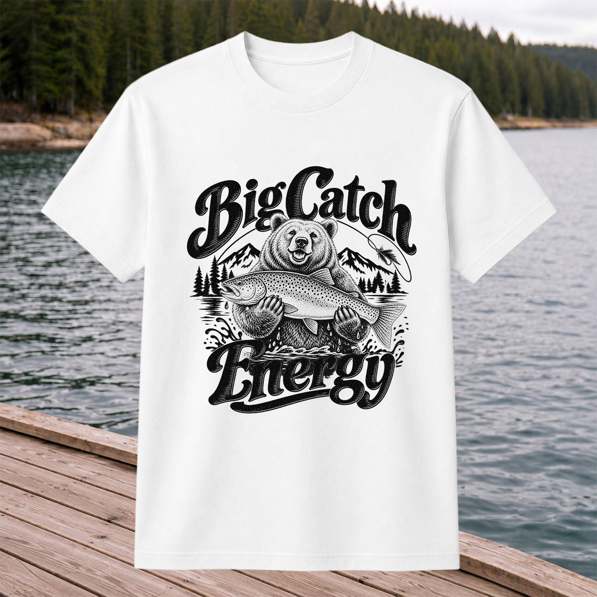 Big Catch Energy Bear Holding Trout Fishing T-Shirt