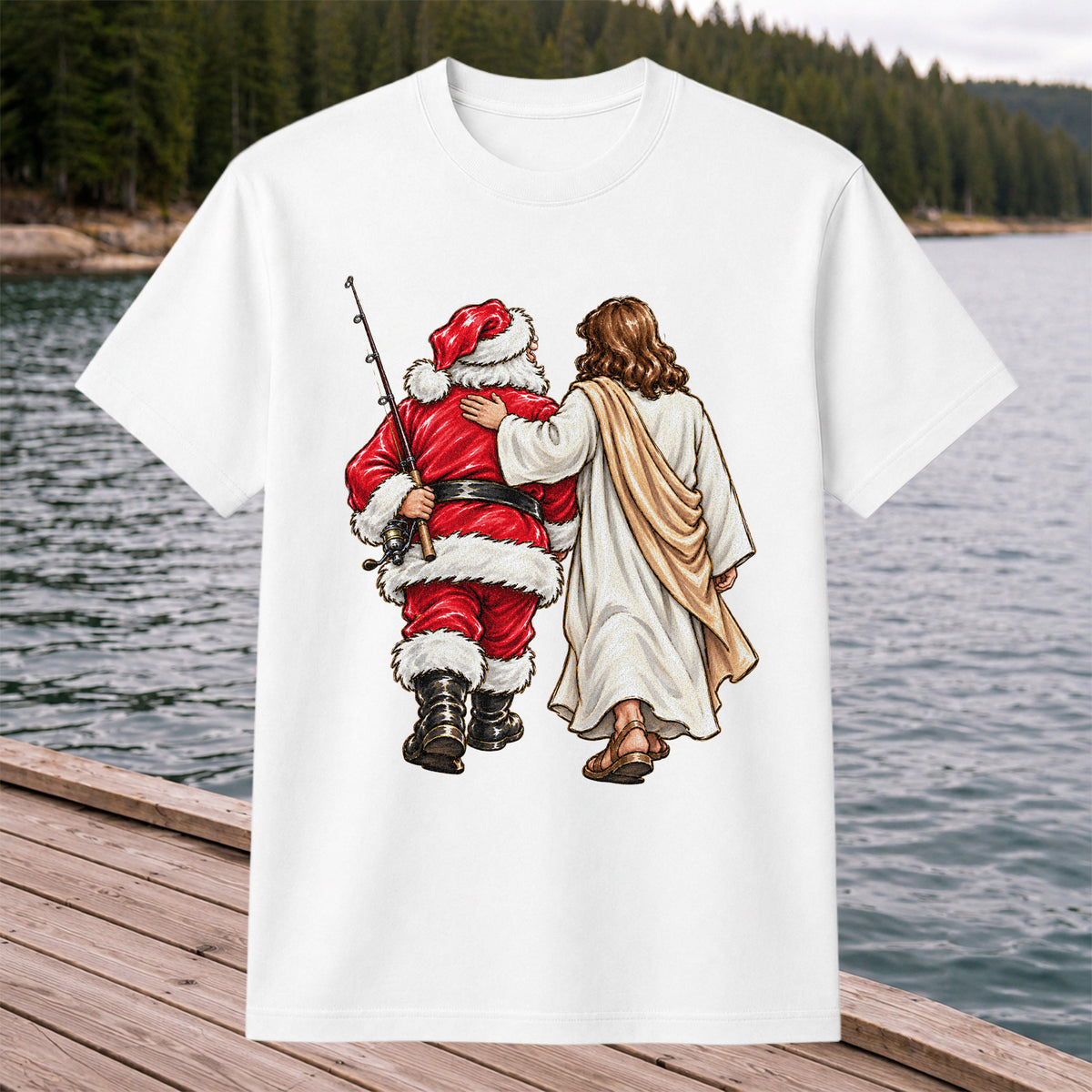 Santa and Robed Companion Fishing Graphic T-Shirt