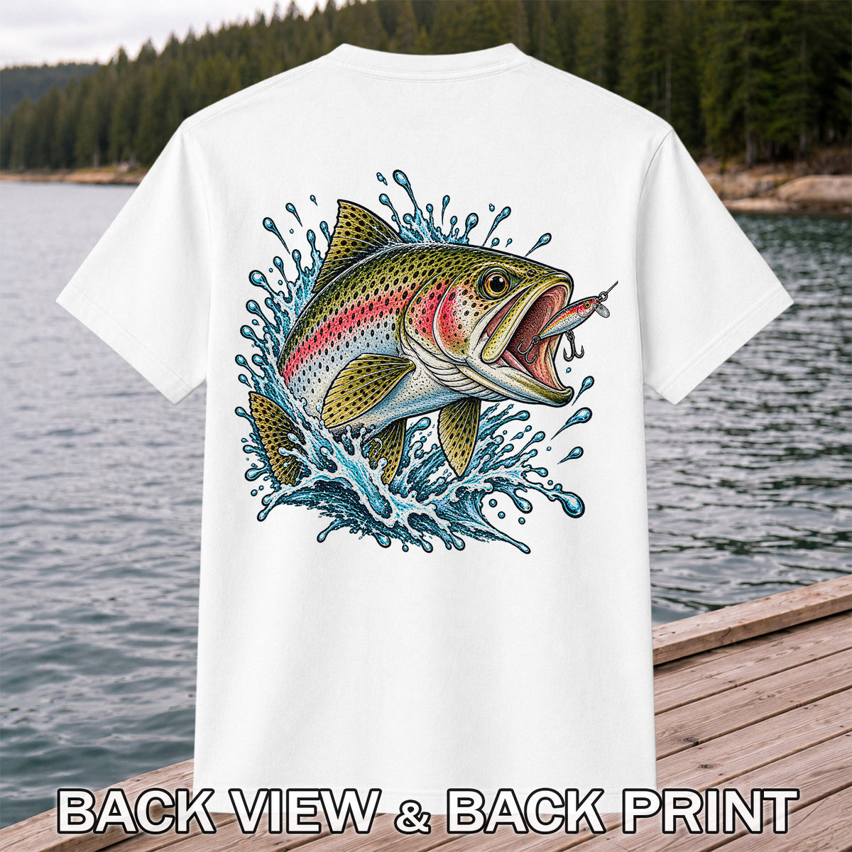 Rainbow Trout Striking a Fishing Lure Graphic T-Shirt | Back Print