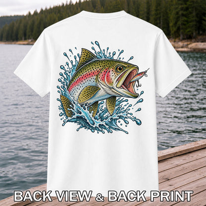 Rainbow Trout Striking a Fishing Lure Graphic T-Shirt | Back Print