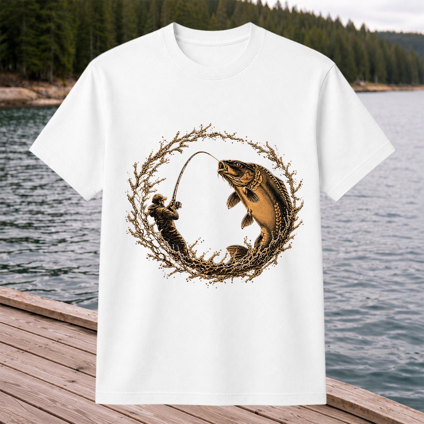 Carp Angler in Circular Water Splash Fishing Graphic T-Shirt