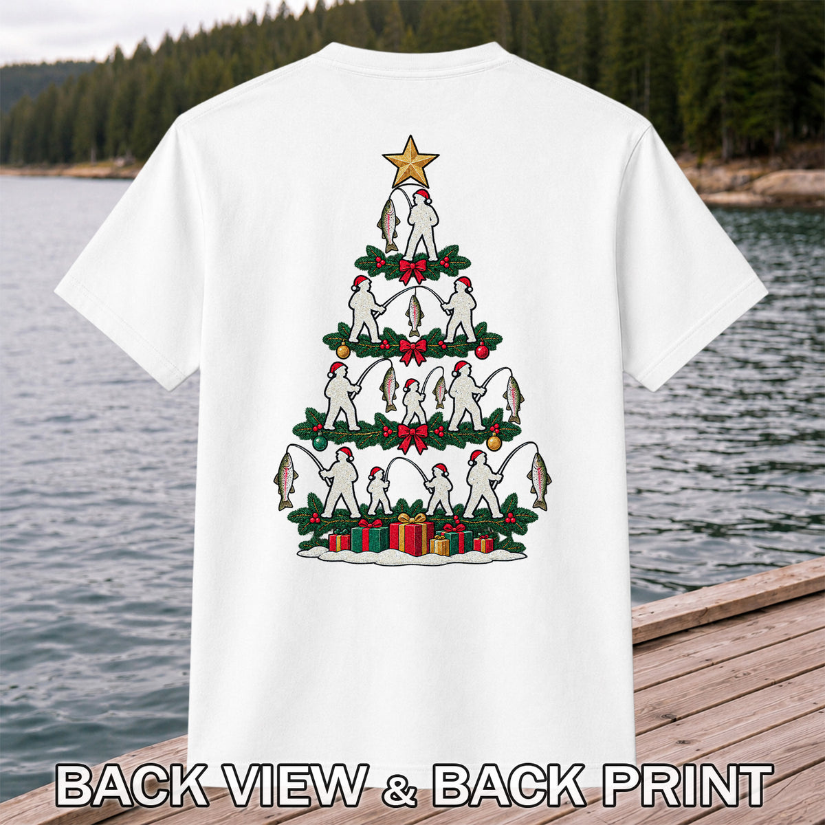 Christmas Tree with Anglers and Rainbow Trout Fishing Graphic T-Shirt | Back Print