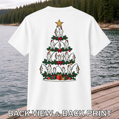 Christmas Tree with Anglers and Rainbow Trout Fishing Graphic T-Shirt | Back Print