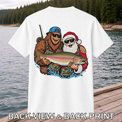 Bigfoot and Santa Holding Rainbow Trout Christmas Fishing Graphic T-Shirt | Back Print