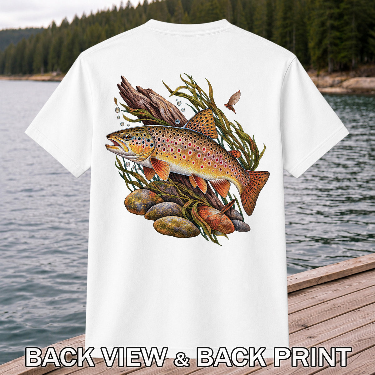 Vintage Brown Trout River Fishing Graphic T-Shirt | Back Print