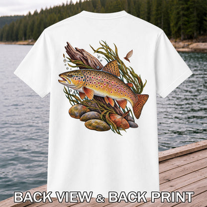 Vintage Brown Trout River Fishing Graphic T-Shirt | Back Print