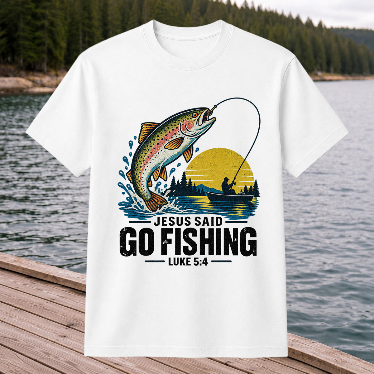 Jesus Said Go Fishing Luke 5:4 Rainbow Trout T-Shirt