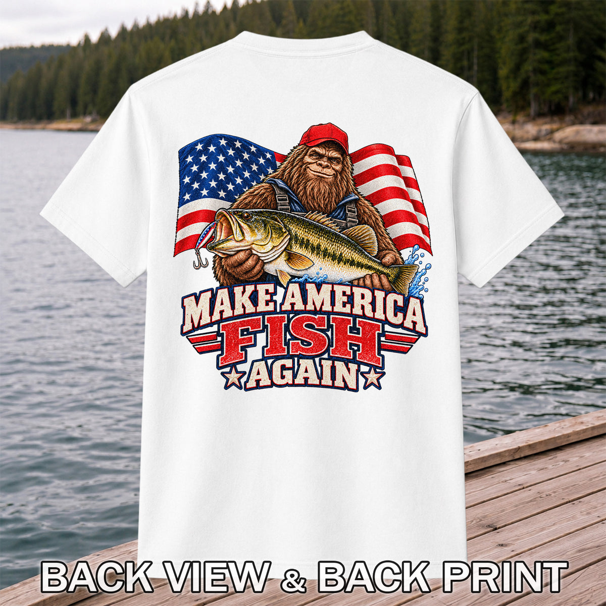 Make America Fish Again Bigfoot Bass Fishing T-Shirt | Back Print
