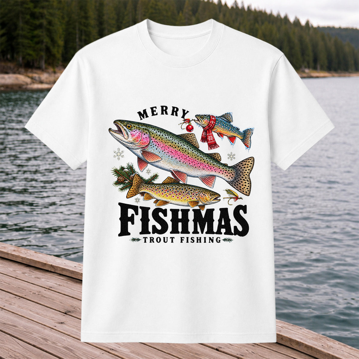 Merry Fishmas Trout Fishing Christmas Graphic T-Shirt