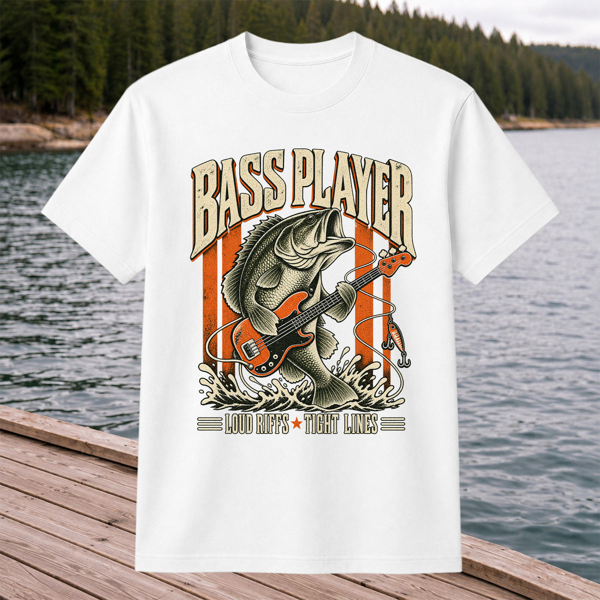 Bass Playing Guitar Vintage Fishing Graphic T-Shirt