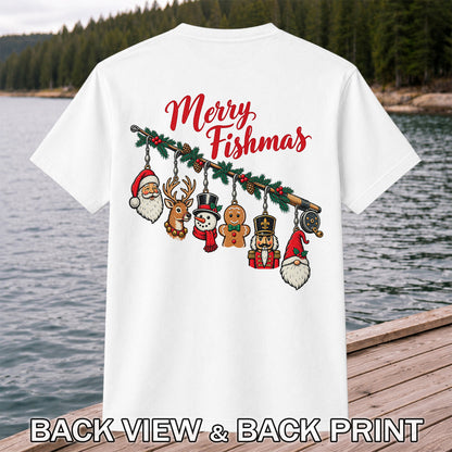 Christmas Fishing Rod Ornaments Holiday Graphic T-Shirt | Back Print