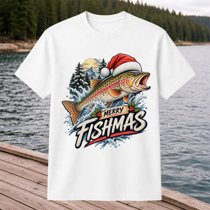 Merry Fishmas Santa Hat Rainbow Trout Fishing Graphic T-Shirt