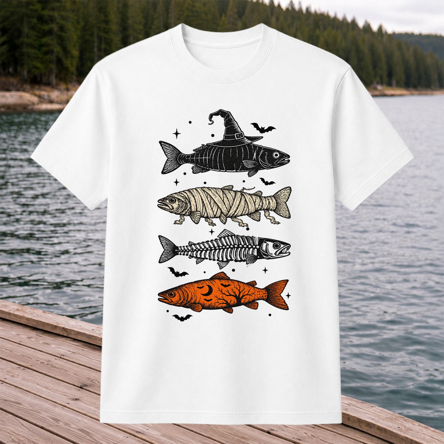 Halloween Witch Mummy Skeleton and Pumpkin Fish Graphic T-Shirt
