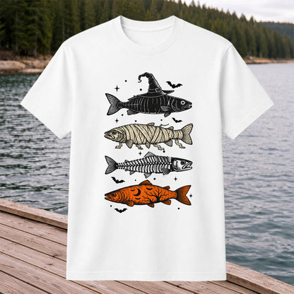 Halloween Witch Mummy Skeleton and Pumpkin Fish Graphic T-Shirt