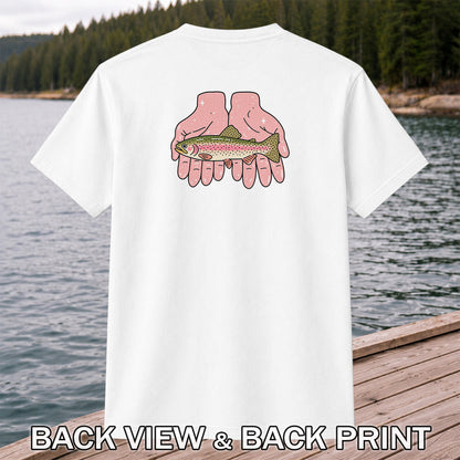 Rainbow Trout Held in Pink Hands Fishing Graphic T-Shirt | Back Print
