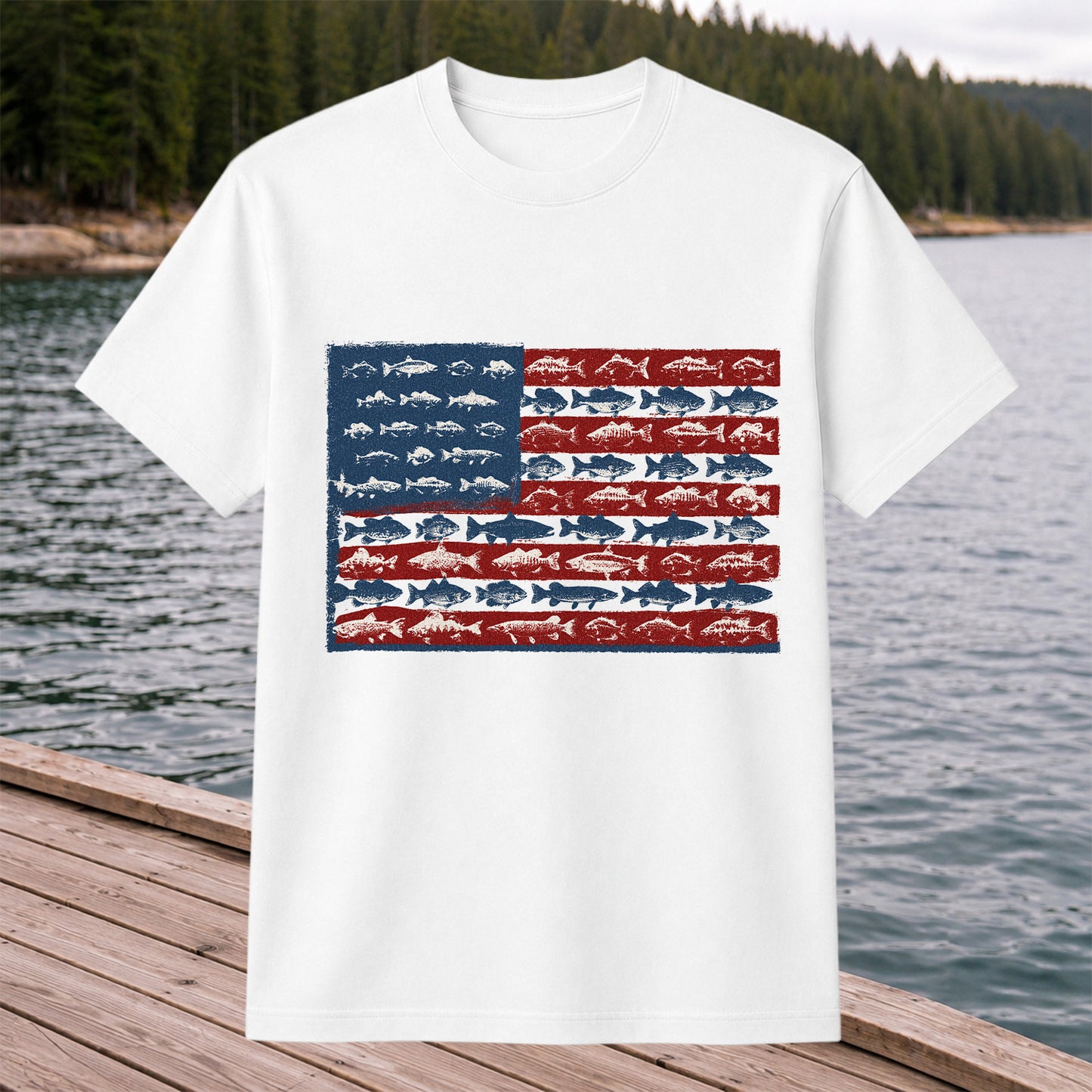 American Flag Made of Fish Patriotic Fishing Graphic T-Shirt