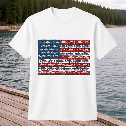 American Flag Made of Fish Patriotic Fishing Graphic T-Shirt