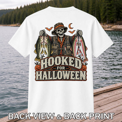Hooked for Halloween Skeleton Angler with Bass and Trout Fishing T-Shirt | Back Print