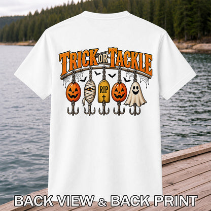 Trick or Tackle Pumpkin Ghost and Mummy Fishing Lures Halloween T-Shirt | Back Print